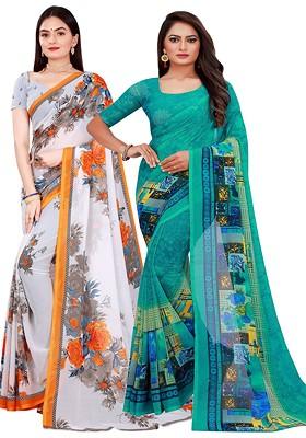 Green Embroidered Georgette Saree Set (Set Of 2)