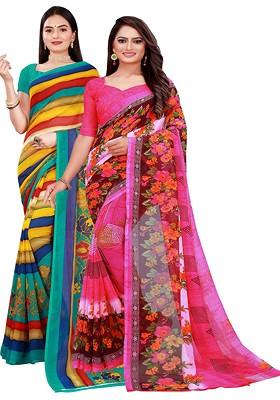 Pink Floral Georgette Saree Set (Set Of 2)