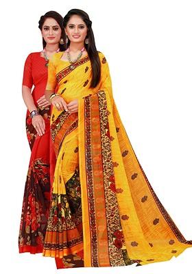 Yellow Embroidered Georgette Saree Set