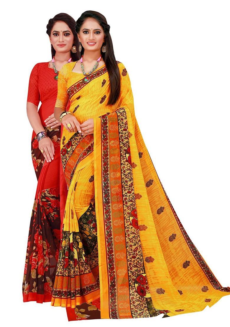 Yellow Embroidered Georgette Saree Set