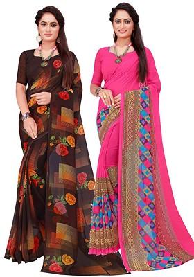 Pink Printed Georgette Saree Set (Set Of 2)