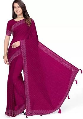 Burgundy Embroidered Georgette Saree Set