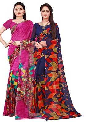 Navy Blue Embroidered Georgette Saree Set (Set Of 2)