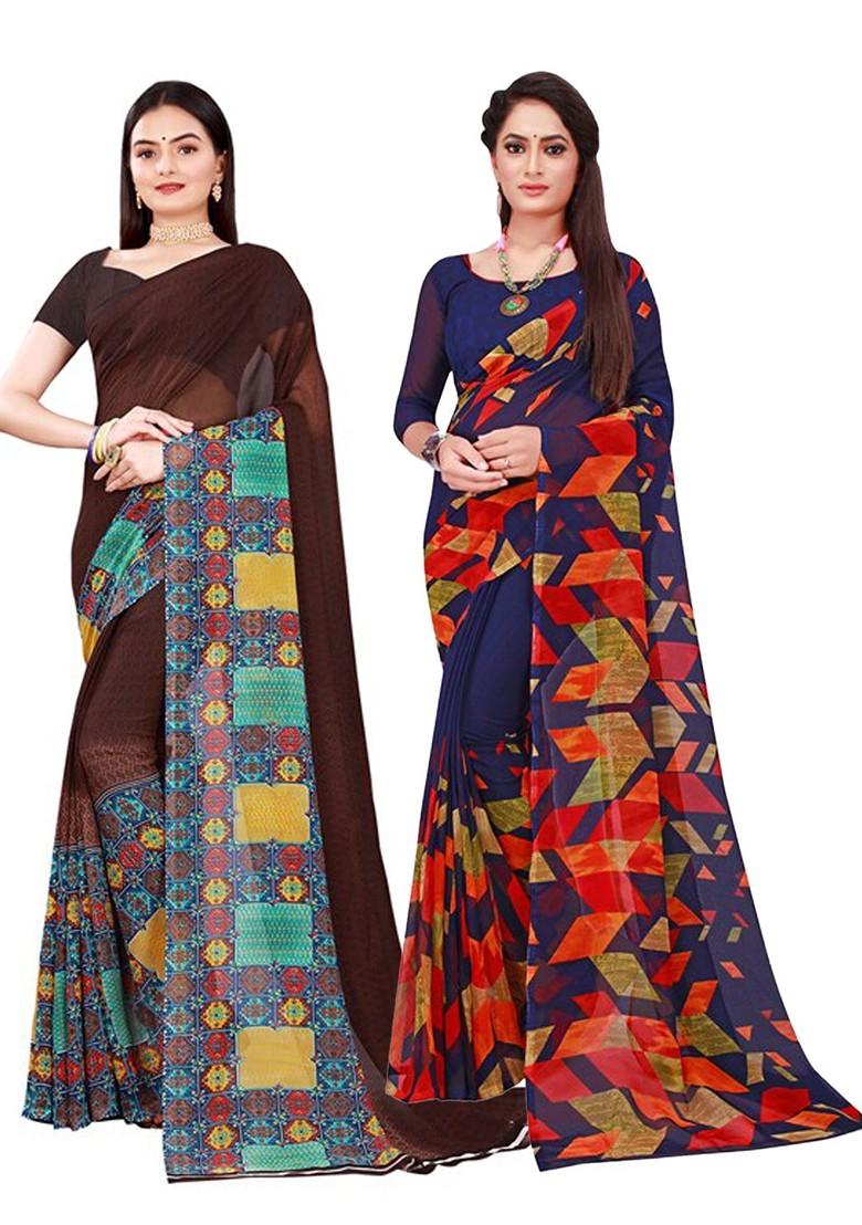 Navy Blue Embroidered Georgette Saree Set