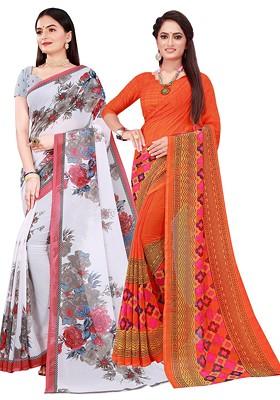 Orange Floral Georgette Saree Set (Set Of 2)