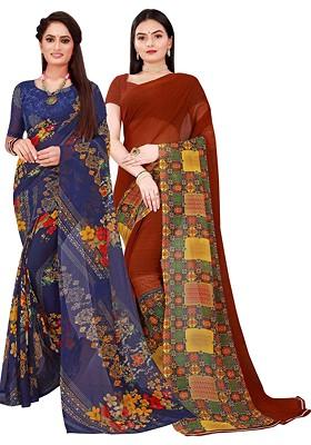 Brown Floral Georgette Saree Set (Set Of 2)