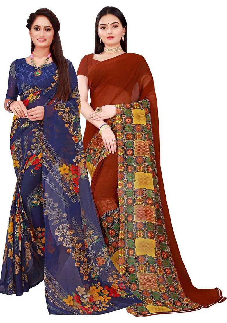 Brown Floral Georgette Saree Set (Set Of 2)