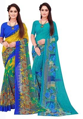 Turquoise Blue Floral Georgette Saree Set (Set Of 2)