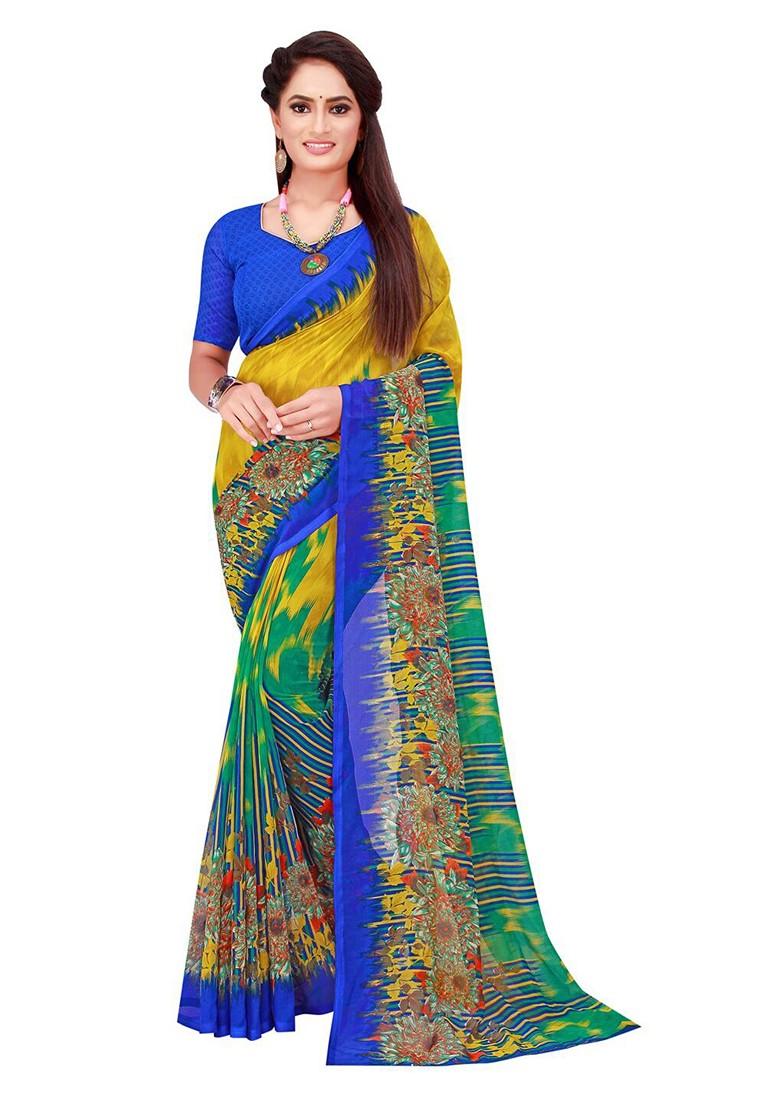 Turquoise Blue Floral Georgette Saree Set (Set Of 2)