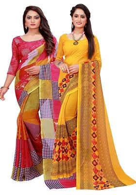 Pink Printed Georgette Saree Set (Set Of 2)