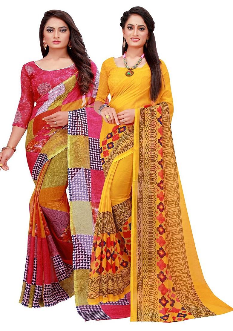 Pink Printed Georgette Saree Set (Set Of 2)