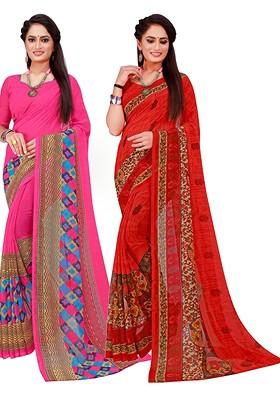 Magenta Floral Georgette Saree Set (Set Of 2)