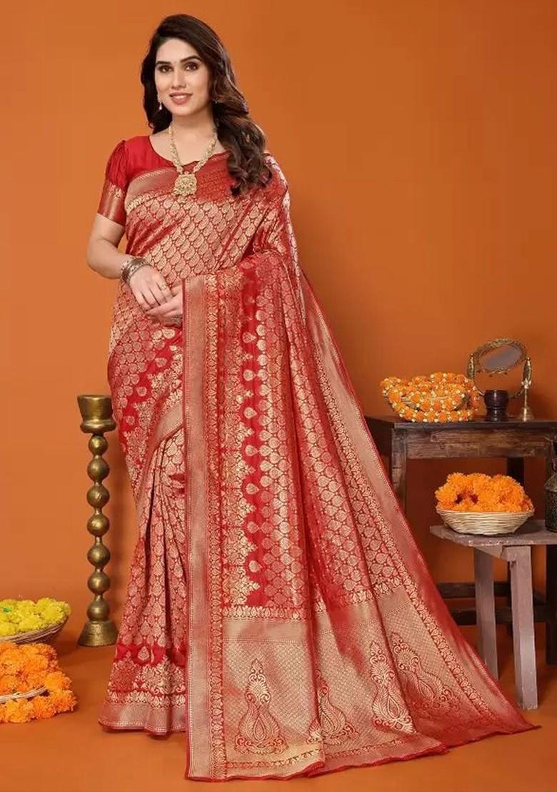 Red woven Silk Saree Set