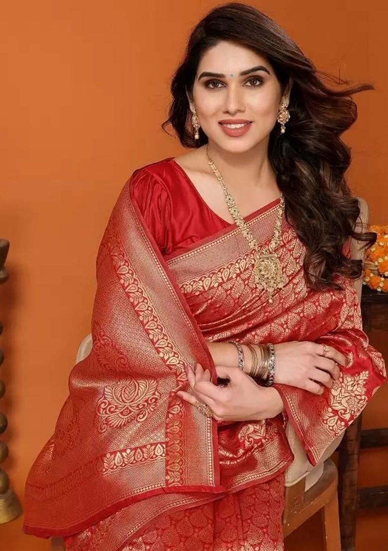 Red woven Silk Saree Set