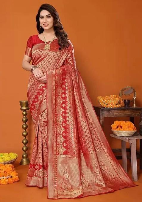 Red woven Silk Saree Set