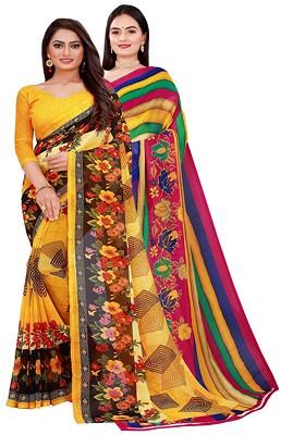 Yellow Embroidered Georgette Saree Set (Set Of 2)