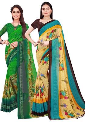 Beige Floral Georgette Saree Set (Set Of 2)