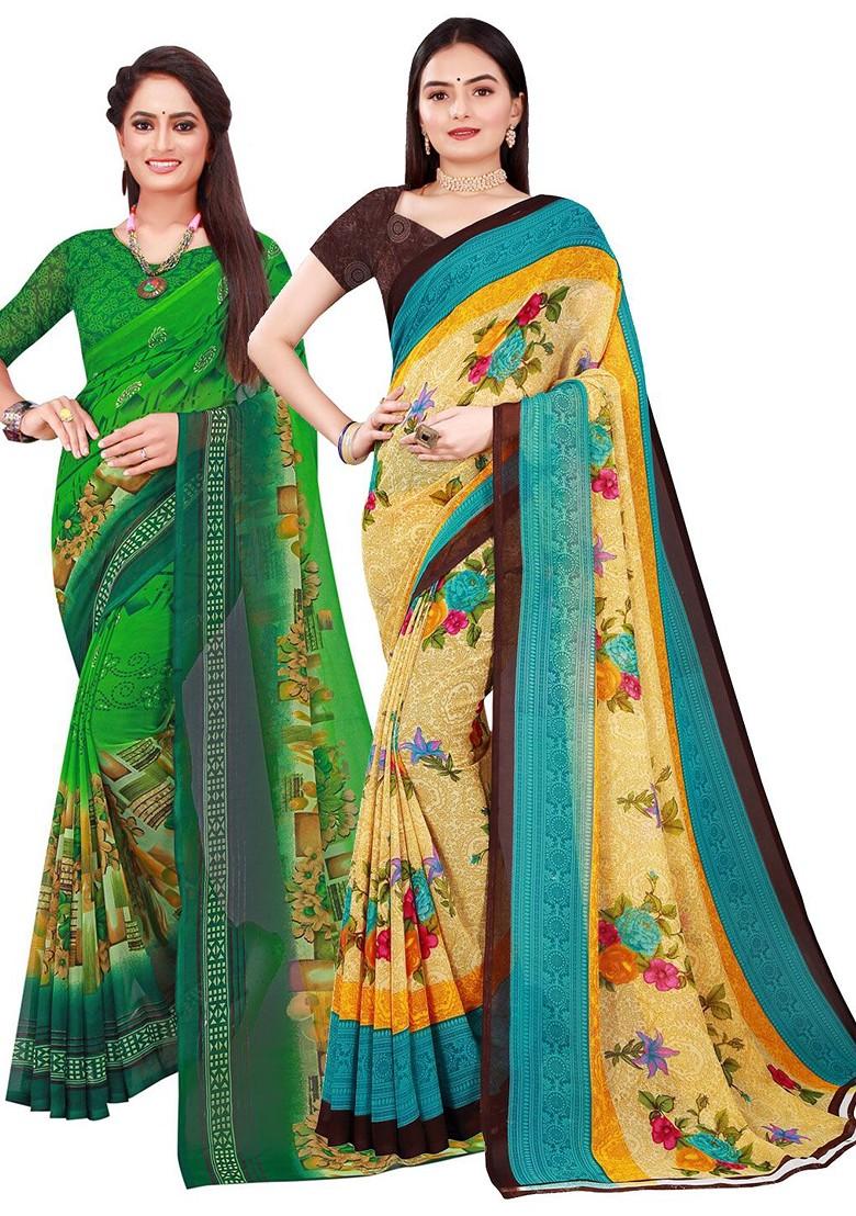 Beige Floral Georgette Saree Set (Set Of 2)