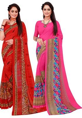Magenta Embroidered Georgette Saree Set (Set Of 2)