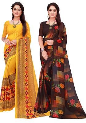 Yellow Geometric Print Georgette Saree Set (Set Of 2)