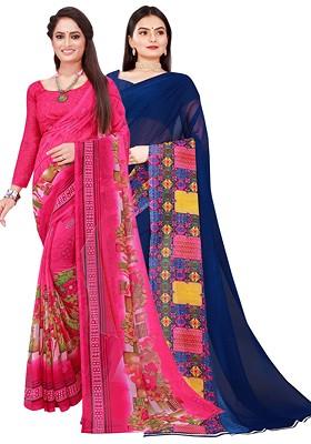 Pink Floral Georgette Saree Set (Set Of 2)