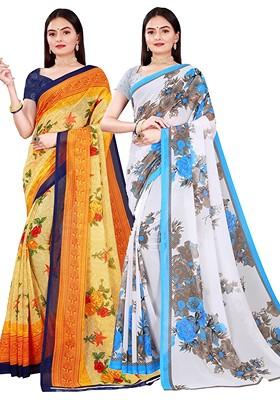 Yellow Embroidered Georgette Saree Set (Set Of 2)