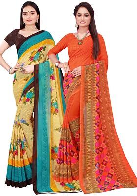Beige Embroidered Georgette Saree Set (Set Of 2)