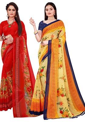 Beige Printed Georgette Saree Set (Set Of 2)