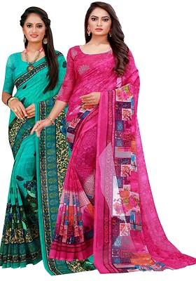 Magenta Embroidered Georgette Saree Set (Set Of 2)