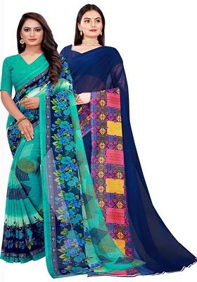 Green Floral Georgette Saree Set (Set Of 2)