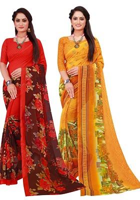 Yellow Printed Georgette Saree Set (Set Of 2)