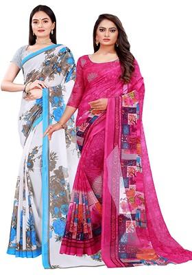 Magenta Floral Georgette Saree Set (Set Of 2)