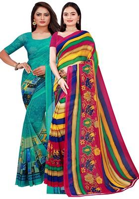 Turquoise Blue Embroidered Georgette Saree Set (Set Of 2)