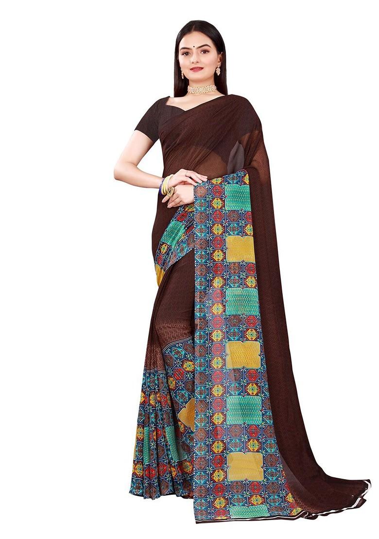 Brown Embroidered Georgette Saree Set