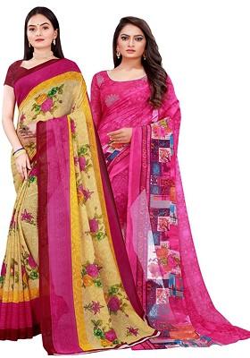 Magenta Floral Georgette Saree Set (Set Of 2)