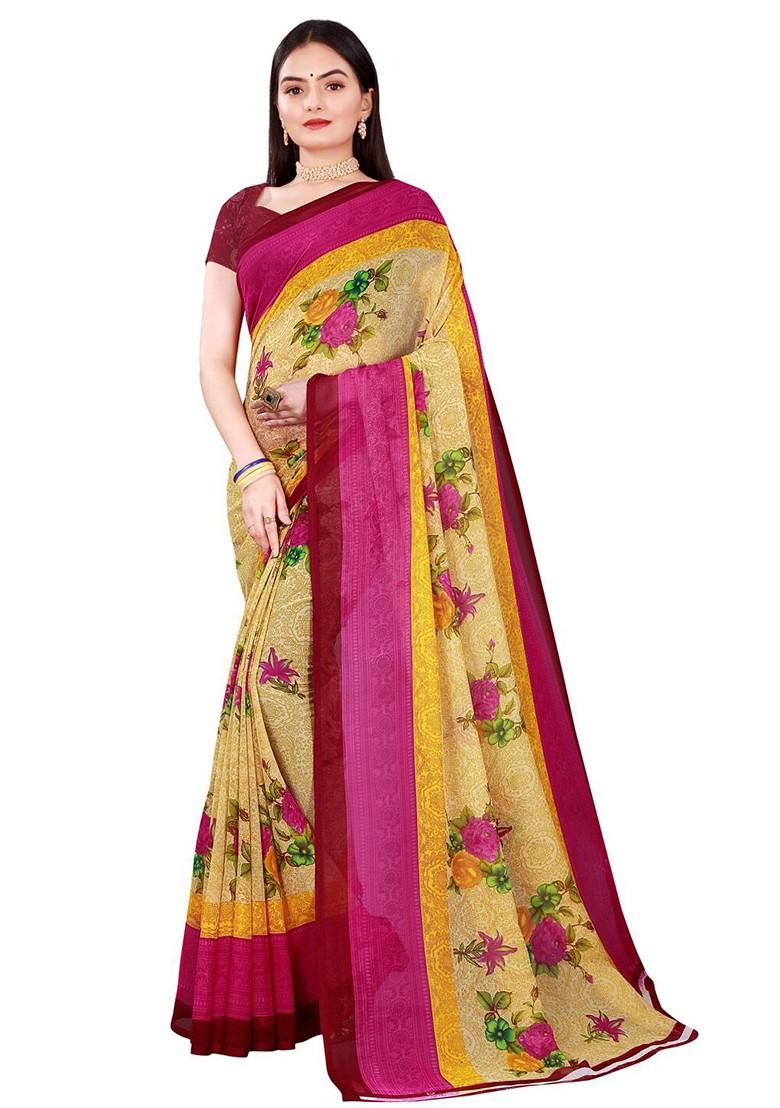 Magenta Floral Georgette Saree Set (Set Of 2)