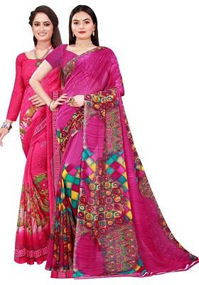 Pink Floral Georgette Saree Set (Set Of 2)