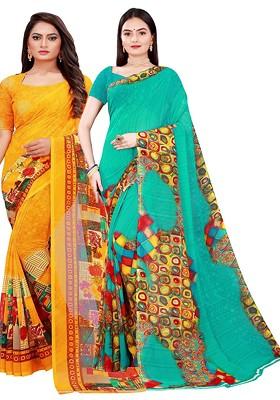 Yellow Floral Georgette Saree Set (Set Of 2)