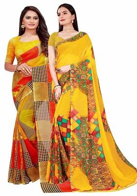 Yellow Embroidered Georgette Saree Set