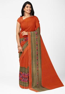 Orange Printed Georgette Saree Set
