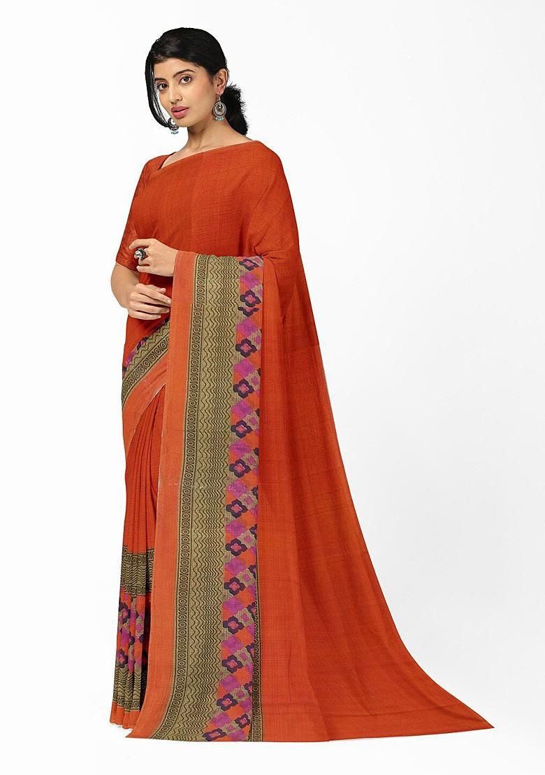 Orange Printed Georgette Saree Set