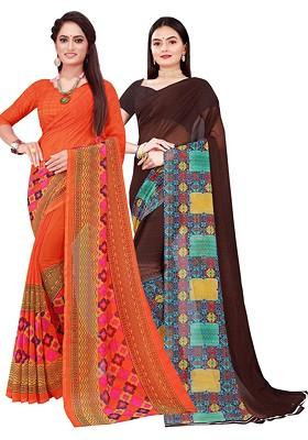 Brown Floral Georgette Saree Set (Set Of 2)