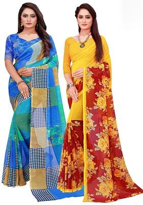 Blue Embroidered Poly Blend Saree Set