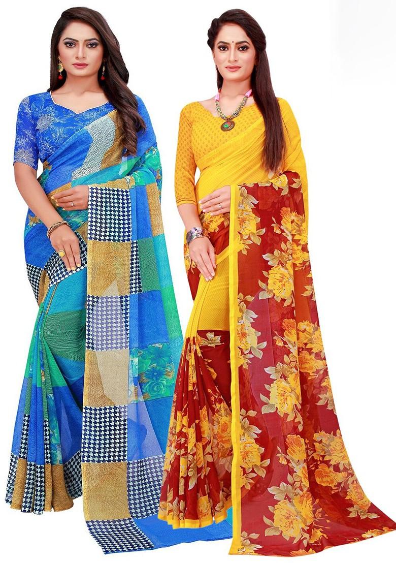 Blue Embroidered Poly Blend Saree Set