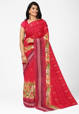 Red Floral Georgette Saree Set