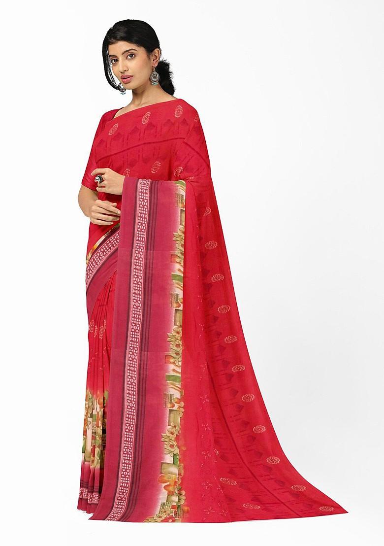 Red Floral Georgette Saree Set