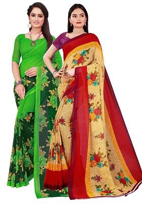 Beige Embroidered Georgette Saree Set (Set Of 2)