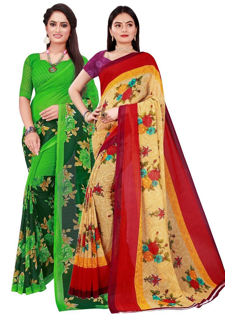 Beige Embroidered Georgette Saree Set (Set Of 2)