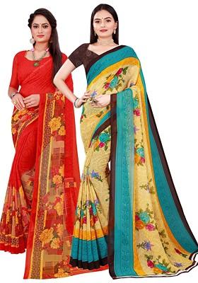 Beige Embroidered Georgette Saree Set (Set Of 2)