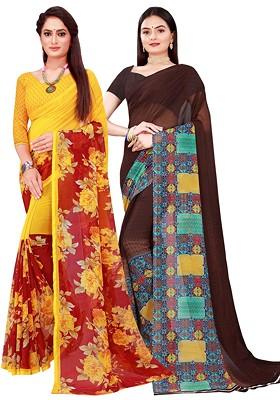 Brown Embroidered Poly Blend Saree Set